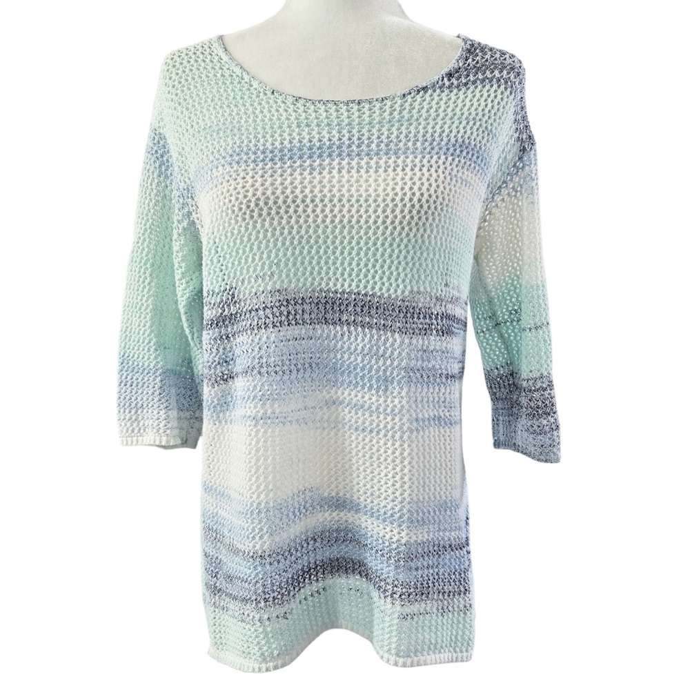 J. Jill Pure Jill 100% Cotton White Blue Open Knit Sweater Beachy Boho Coastal